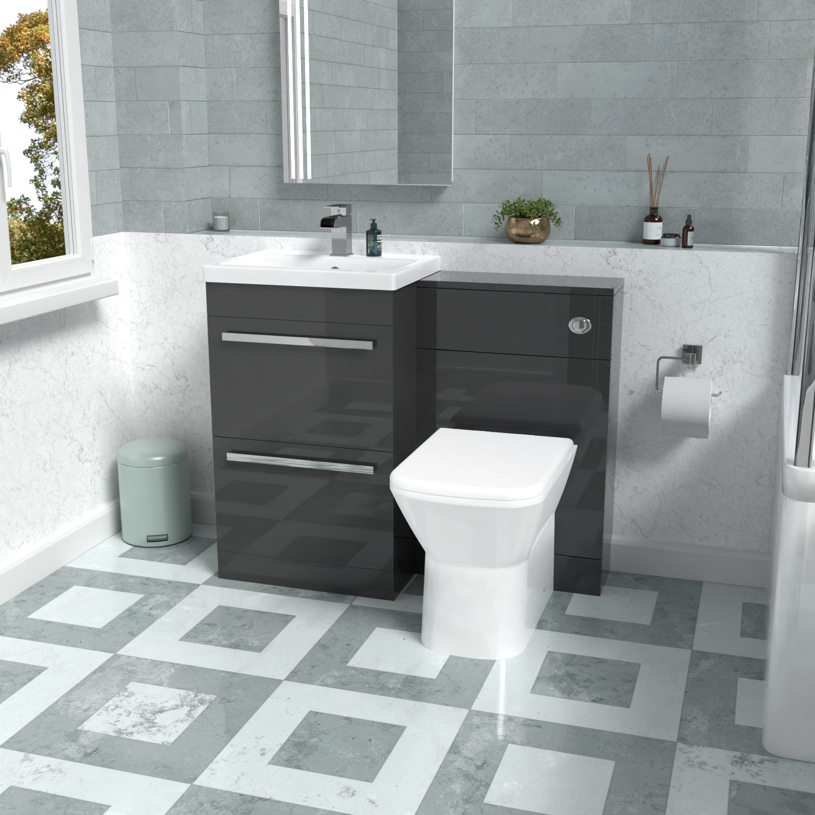 Nanuya 1000mm Anthracite Basin Vanity Cabinet, WC Unit & Rimless Back To Wall Toilet