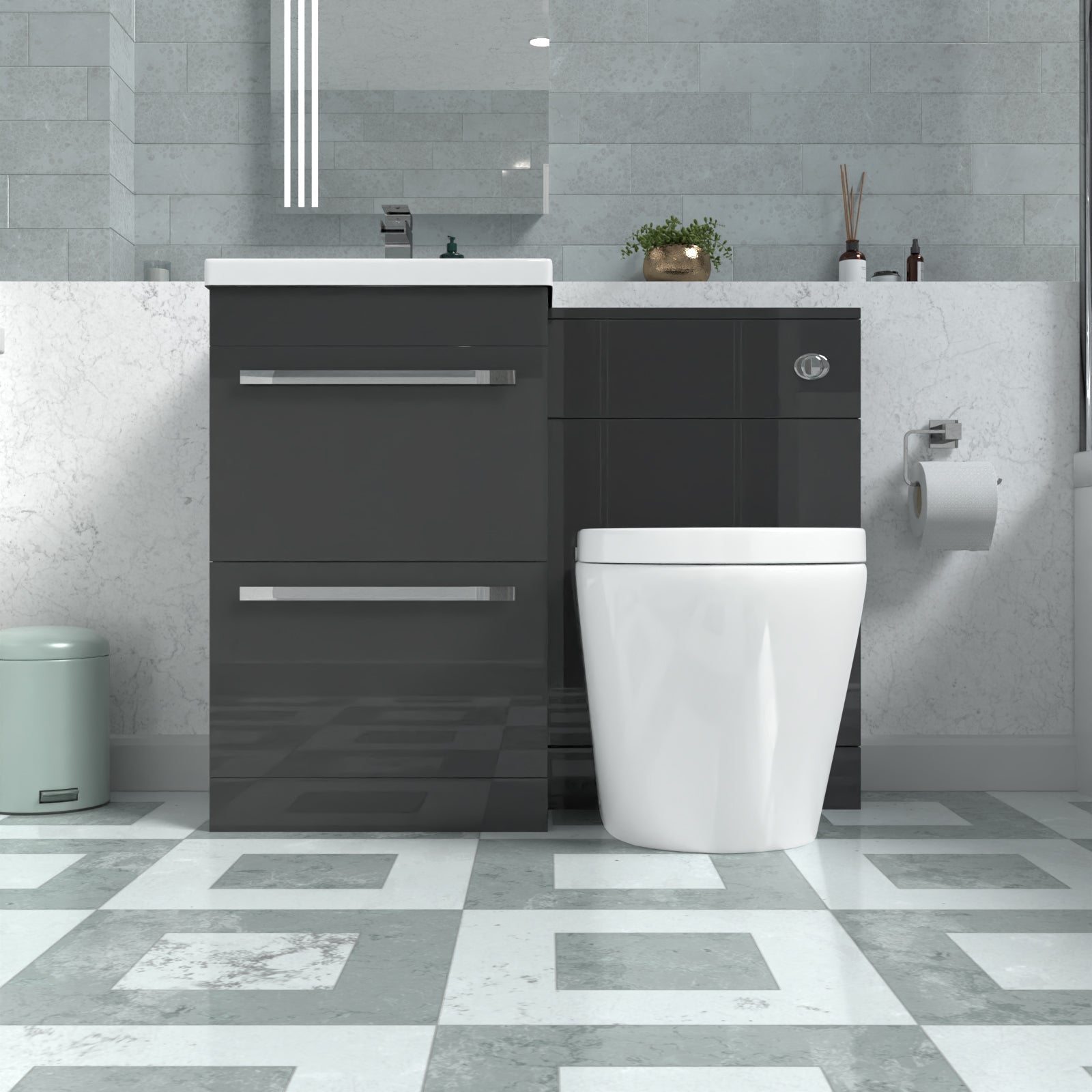 Nanuya 1010mm Anthracite Drawers Basin Cabinet, WC Unit & Rimless Back To Wall Toilet