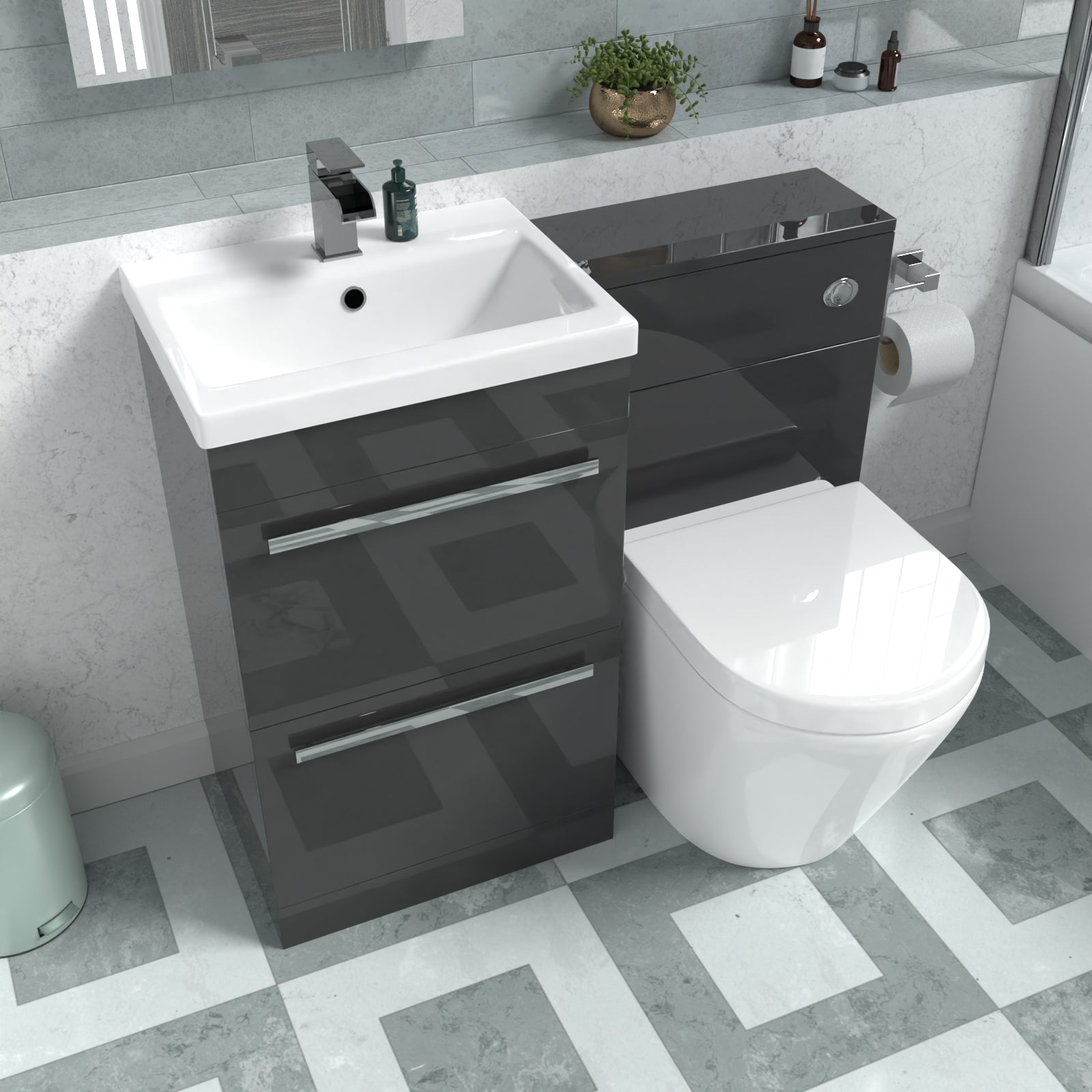 Nanuya 1010mm Anthracite Drawers Basin Cabinet, WC Unit & Rimless Back To Wall Toilet