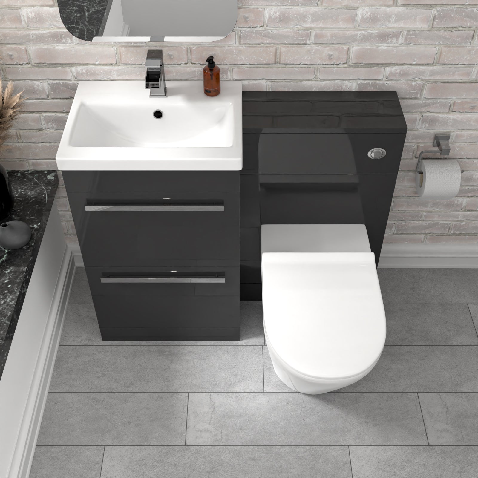 Nanuya 1010mm Anthracite 2-Drawer Freestanding Basin Vanity Unit, WC Unit & Rimless Toilet Set