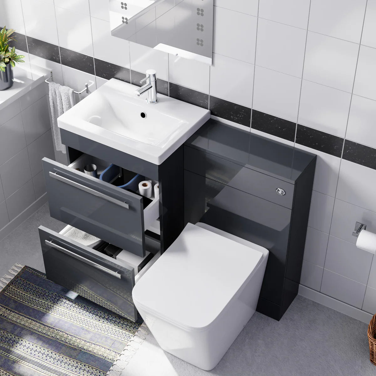 Nanuya 1000mm Dark Grey Basin Vanity Cabinet & WC with Square Rimless Toilet