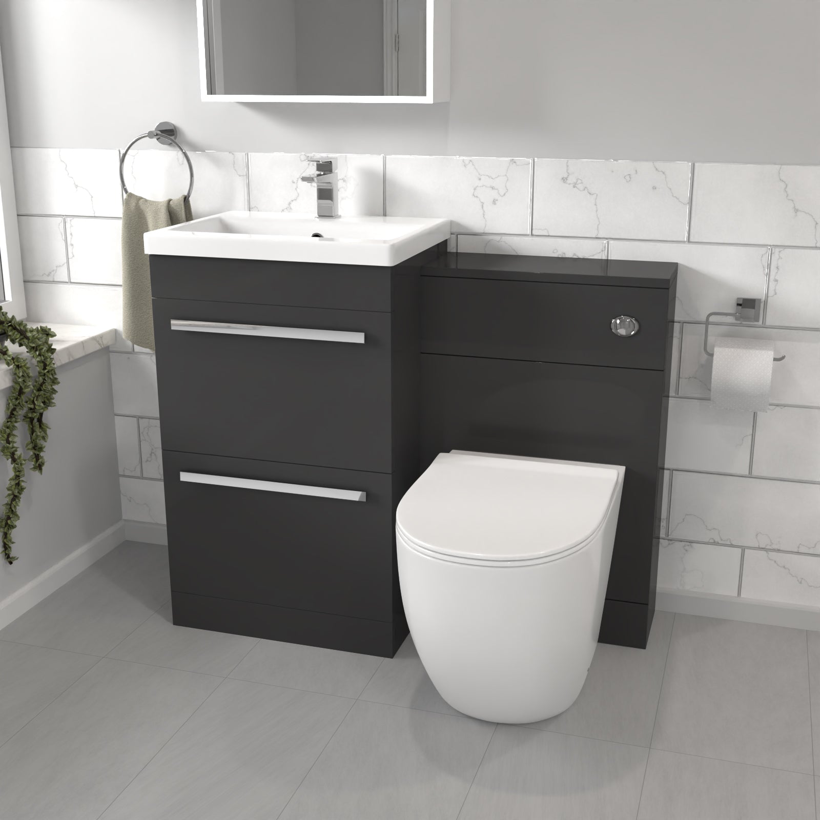 Nanuya 1000mm Anthracite Basin Vanity Cabinet With WC Unit & Back To Wall Toilet