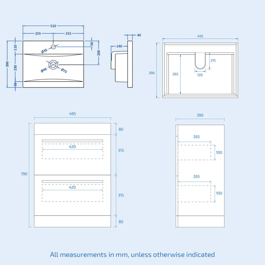 Nanuya 500mm White 2 Drawers Vanity With Rimless Square Close Coupled Toilet