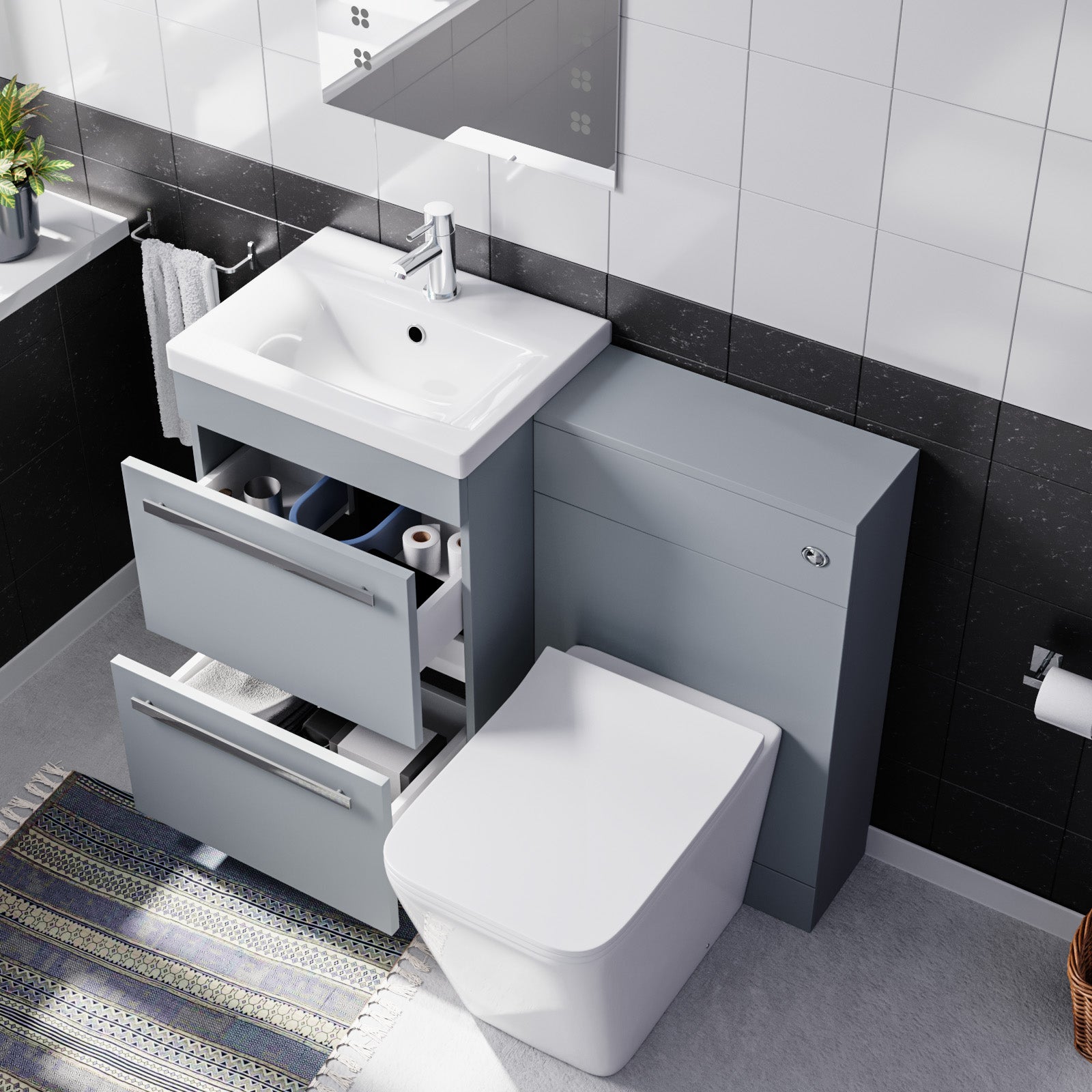Nanuya 1000mm Matte Grey Basin Vanity Cabinet & WC with Square Rimless Toilet