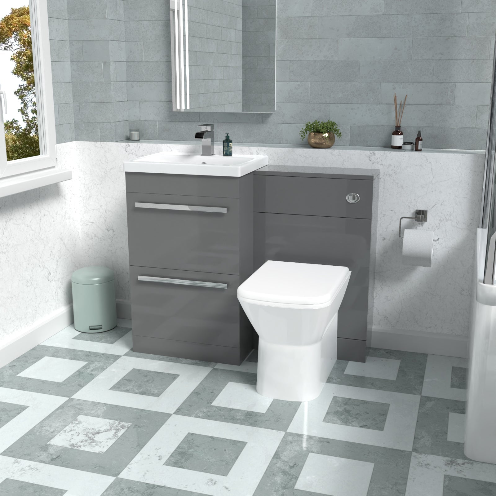 Nanuya Steel Grey Basin Vanity Cabinet, WC Unit & Rimless Back To Wall Toilet