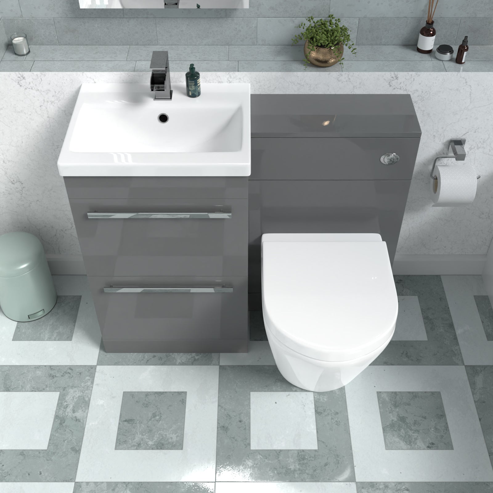 Nanuya Steel Grey Drawers Basin Cabinet, WC Unit & Rimless Back To Wall Toilet