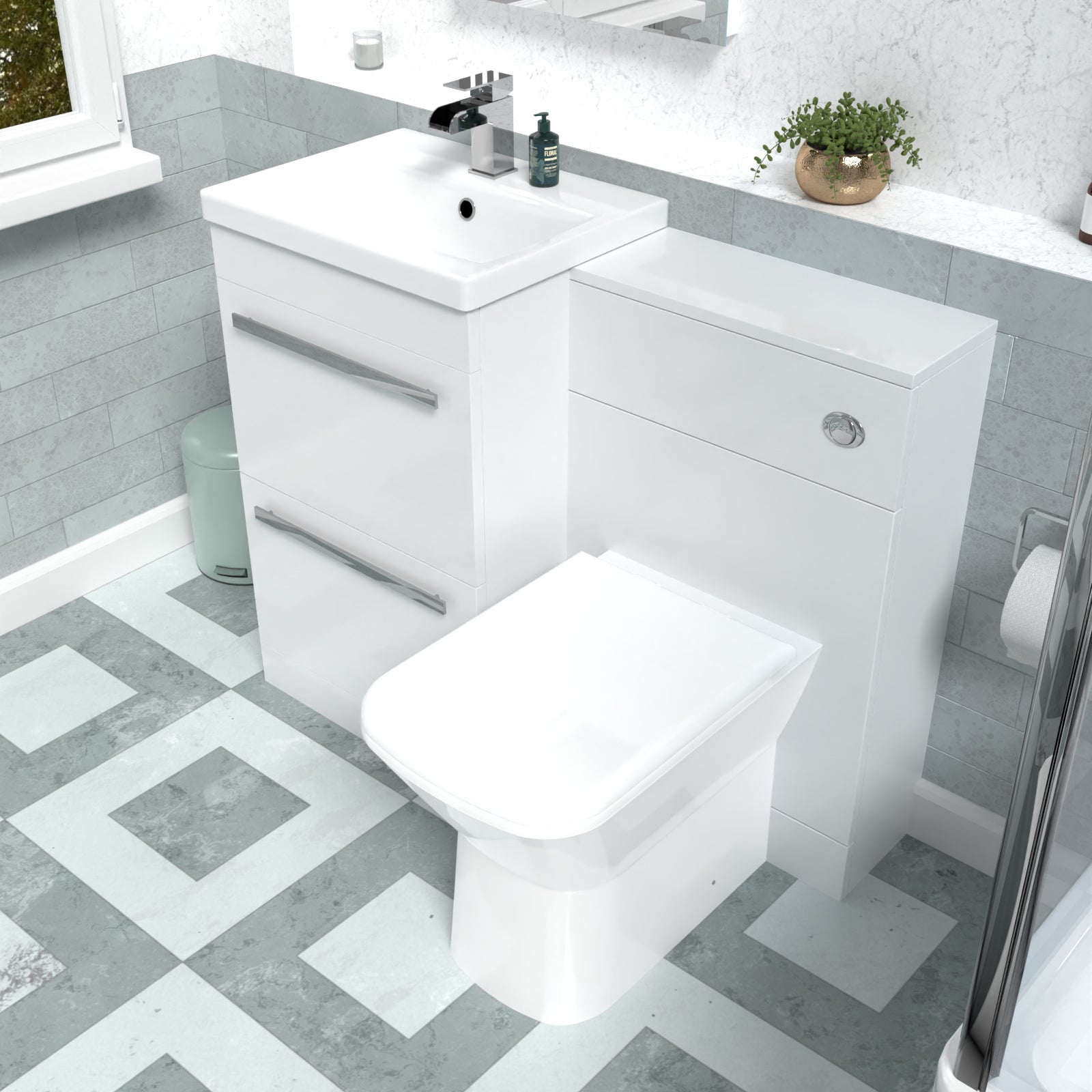 Nanuya White Basin Vanity Cabinet, WC Unit & Rimless Back To Wall Toilet
