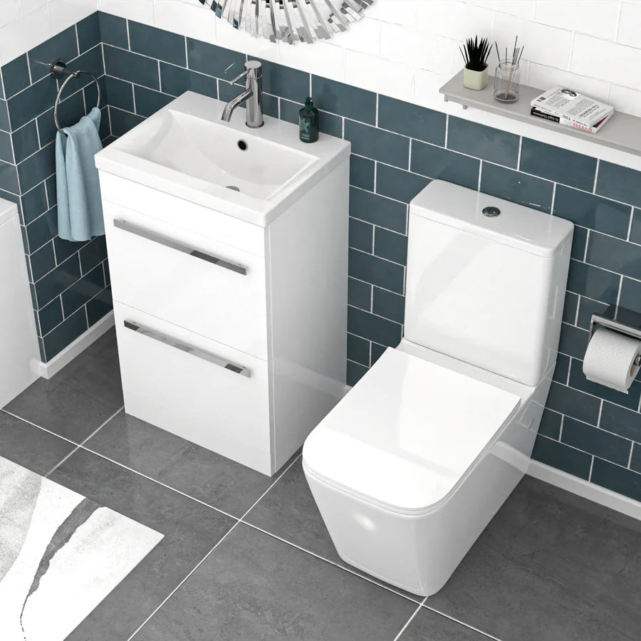 Nanuya 500mm White 2 Drawers Vanity With Rimless Square Close Coupled Toilet