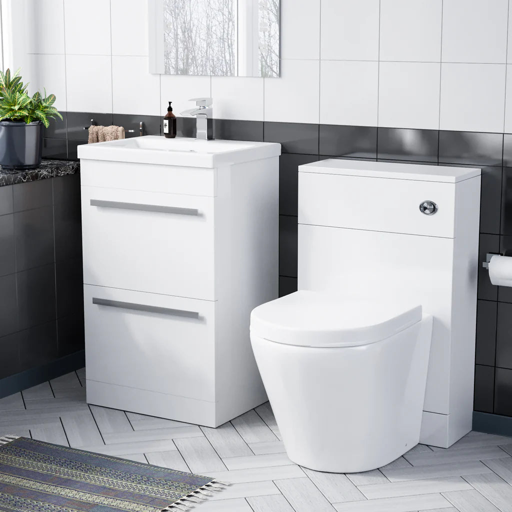Nanuya 1000mm Floor Standing Vanity 2 Drawer Gloss White With BTW Rimless Toilet