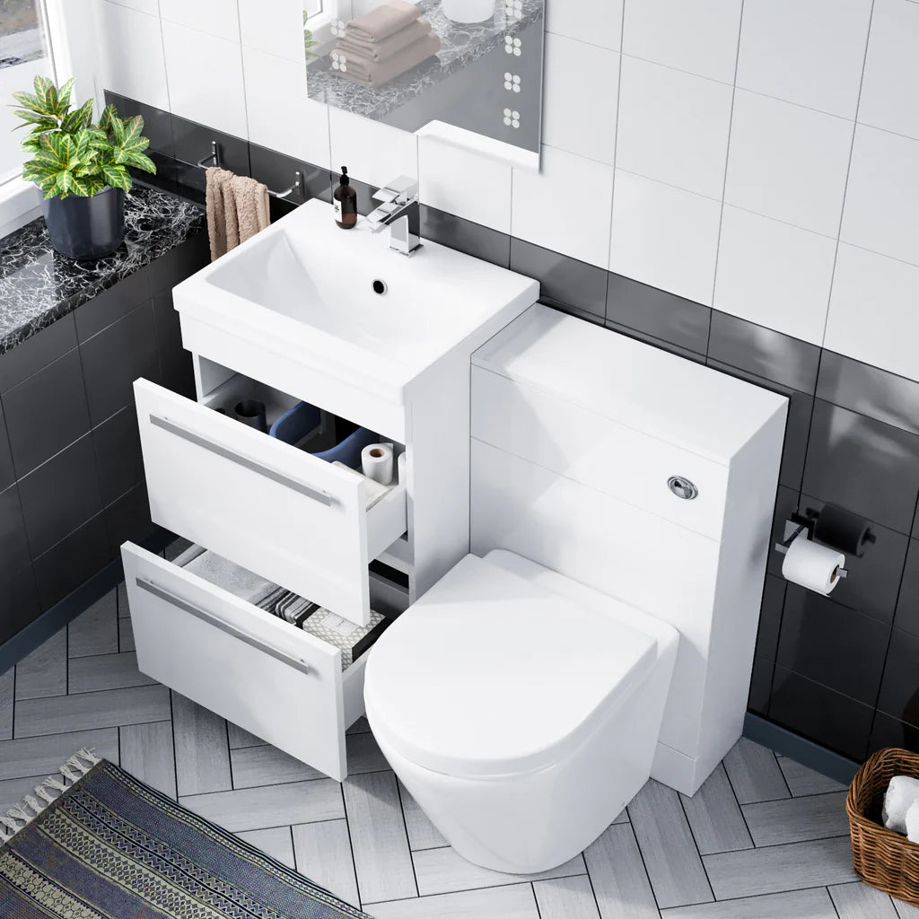 Nanuya 1000mm Floor Standing Vanity 2 Drawer Gloss White With BTW Rimless Toilet