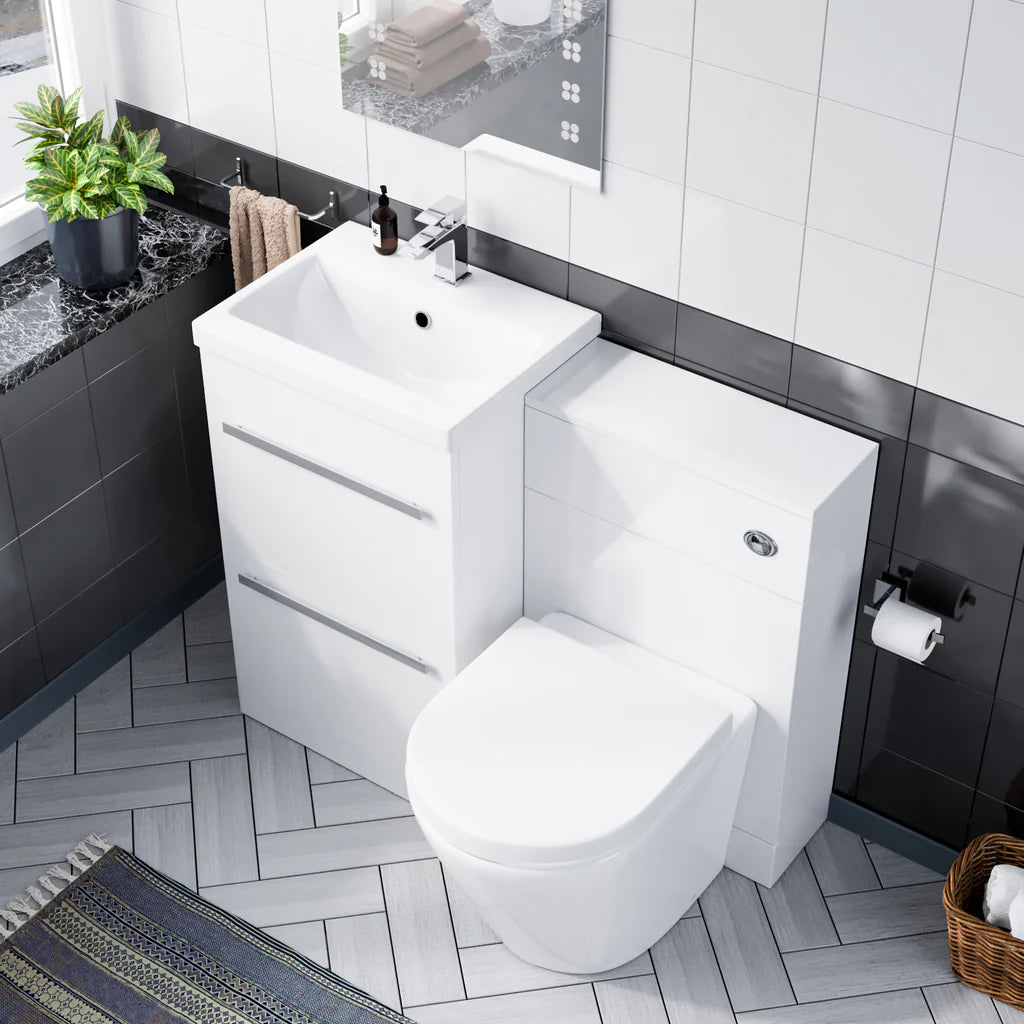 Nanuya 1000mm Floor Standing Vanity 2 Drawer Gloss White With BTW Rimless Toilet