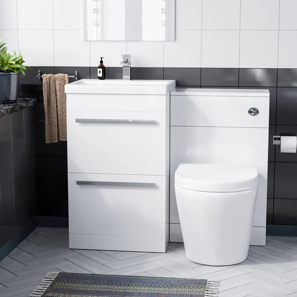 Nanuya 1000mm Floor Standing Vanity 2 Drawer Gloss White With BTW Rimless Toilet