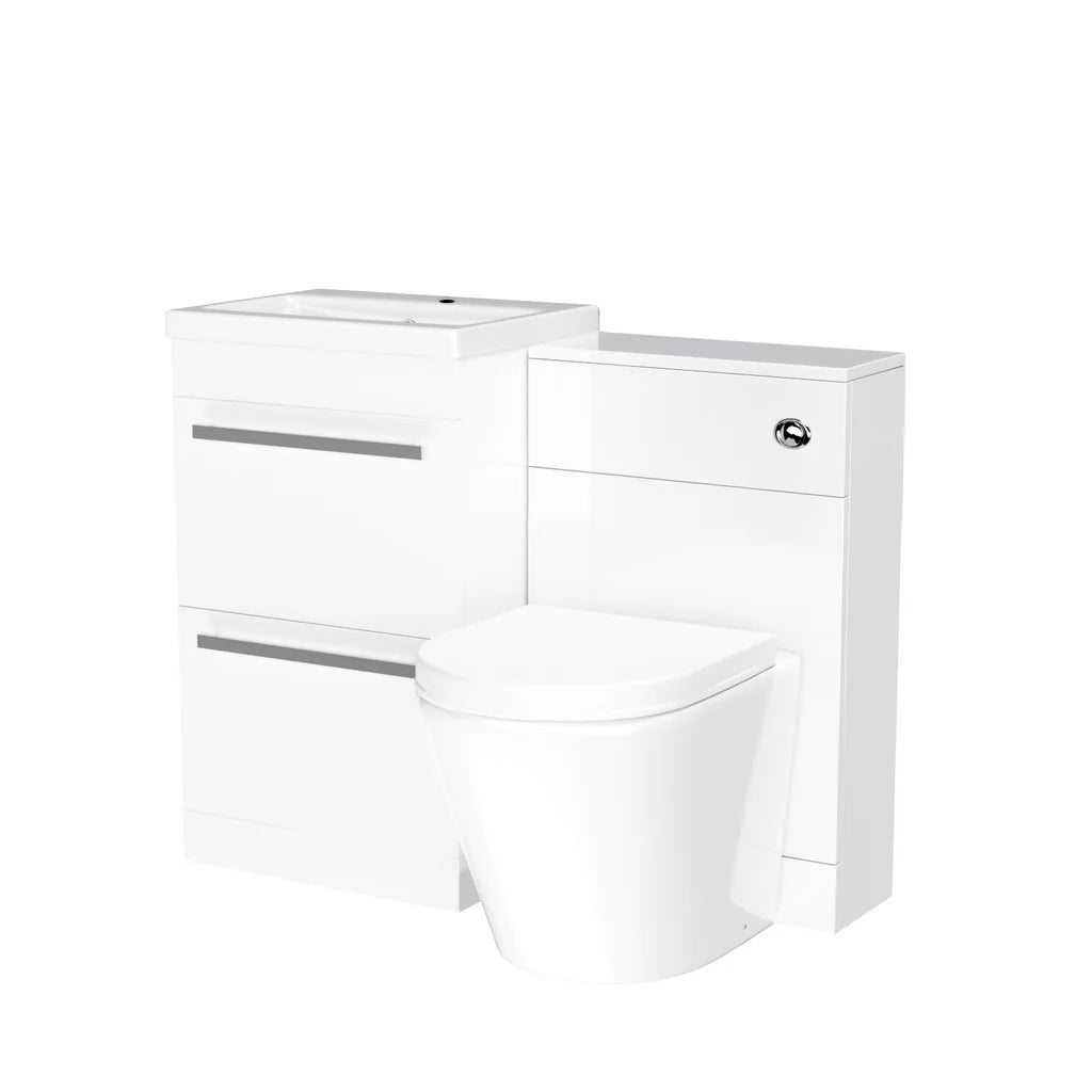 Nanuya 1000mm Floor Standing Vanity 2 Drawer Gloss White With BTW Rimless Toilet