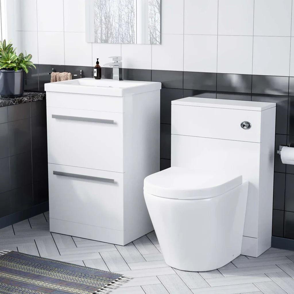 Nanuya 1000mm Floor Standing Vanity 2 Drawer Gloss White With BTW Rimless Toilet