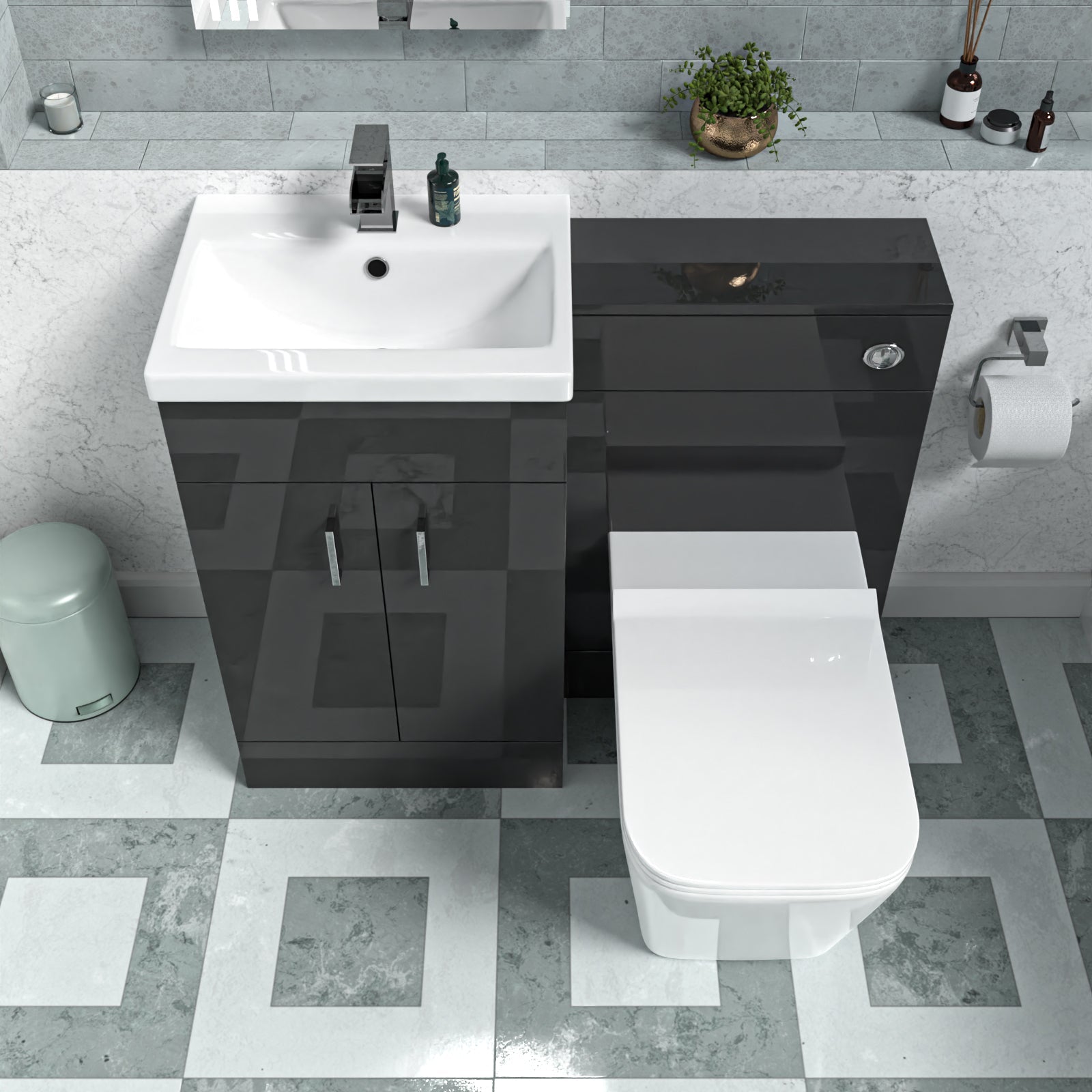 Nanuya Dark Grey 500mm Freestanding Vanity WC Unit & Rimless BTW Toilet Flat Pack