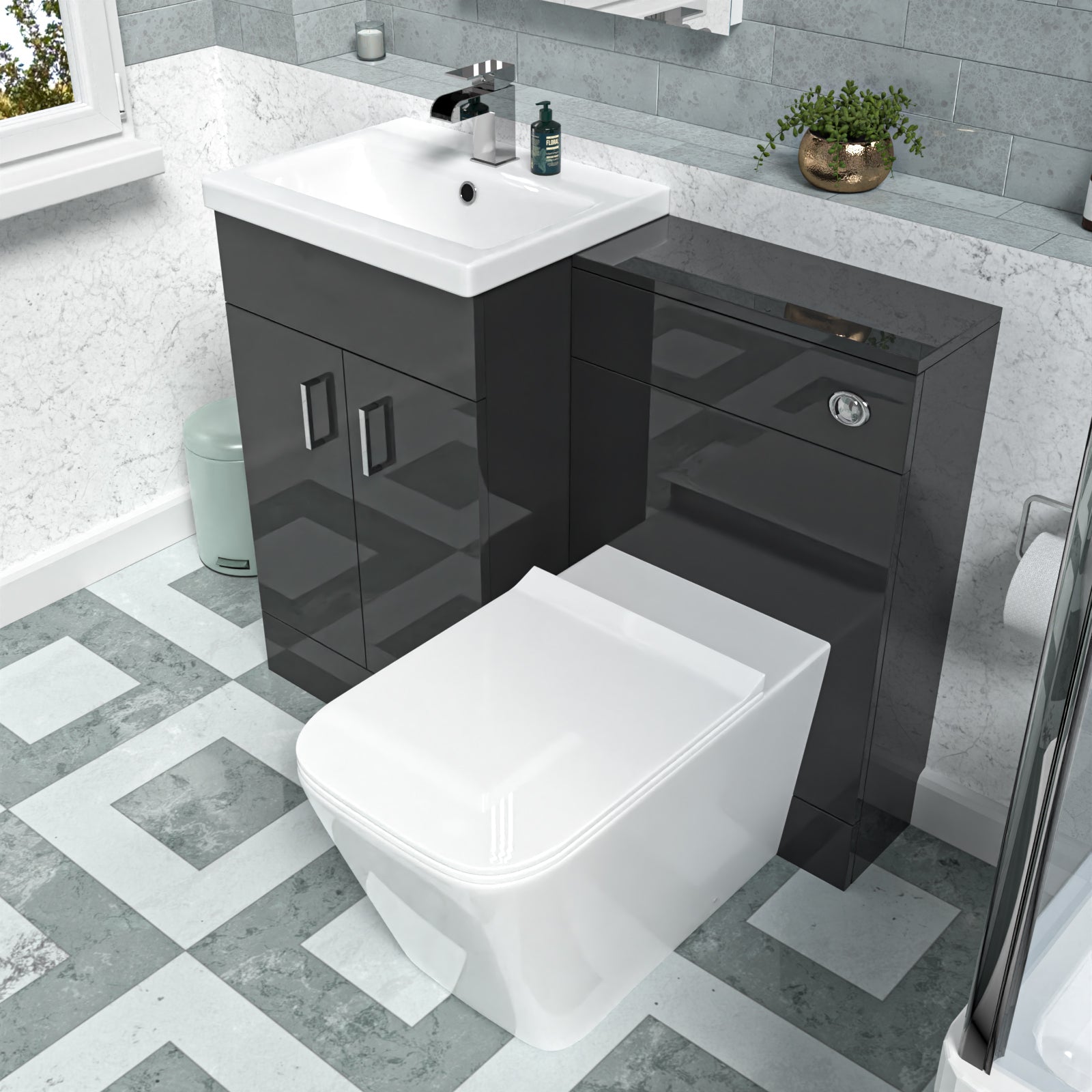 Nanuya Dark Grey 500mm Freestanding Vanity WC Unit & Rimless BTW Toilet Flat Pack