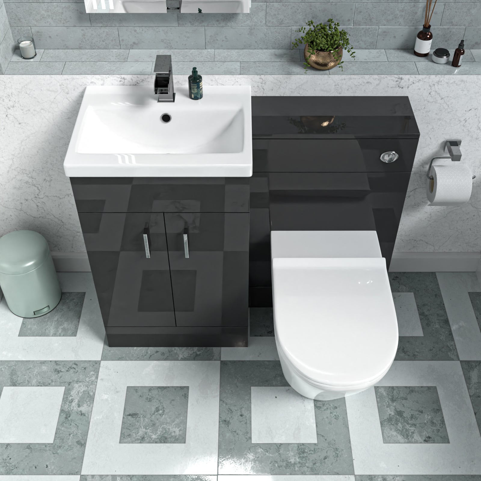 Nanuya Anthracite 500mm Freestanding Vanity Basin, WC Unit & BTW Toilet Set - Flat Pack