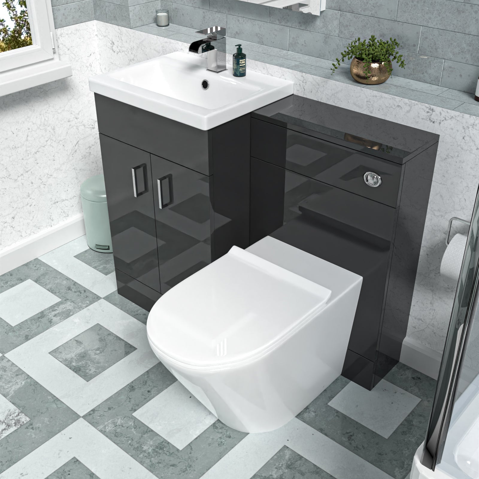 Nanuya Anthracite 500mm Freestanding Vanity Basin, WC Unit & BTW Toilet Set - Flat Pack