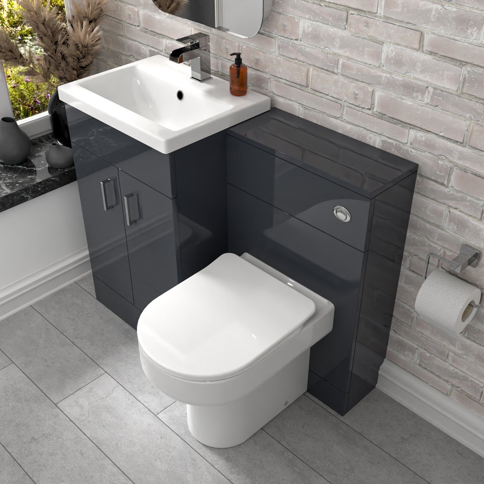 Nanuya 1010 Dark Grey Vanity Basin Cabinet, WC Unit & Comfort Back To Wall Toilet