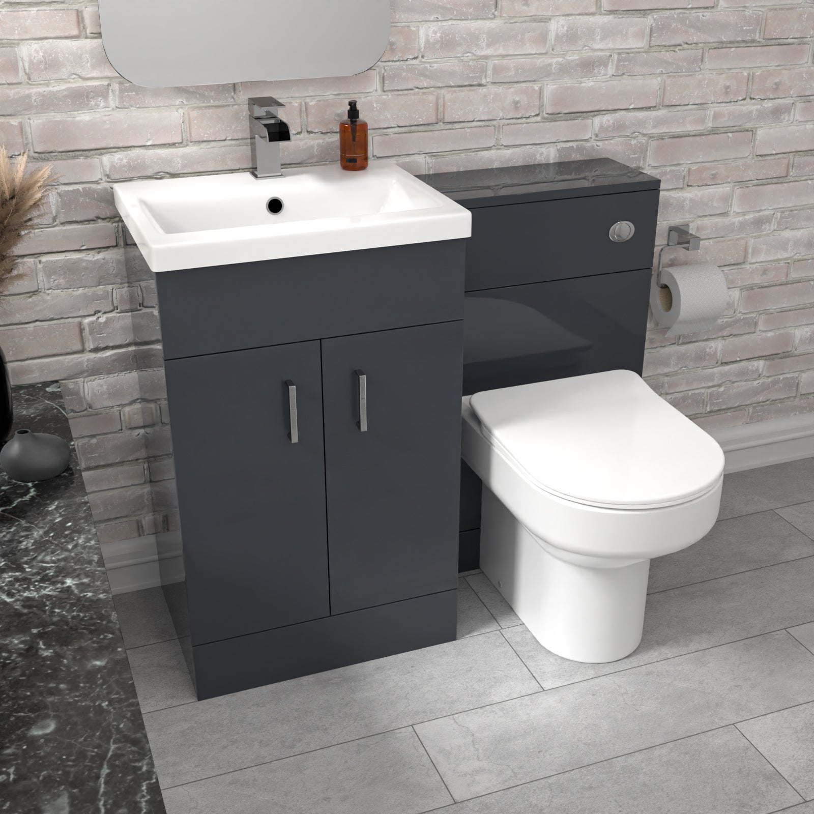 Nanuya 1010 Dark Grey Vanity Basin Cabinet, WC Unit & Comfort Back To Wall Toilet