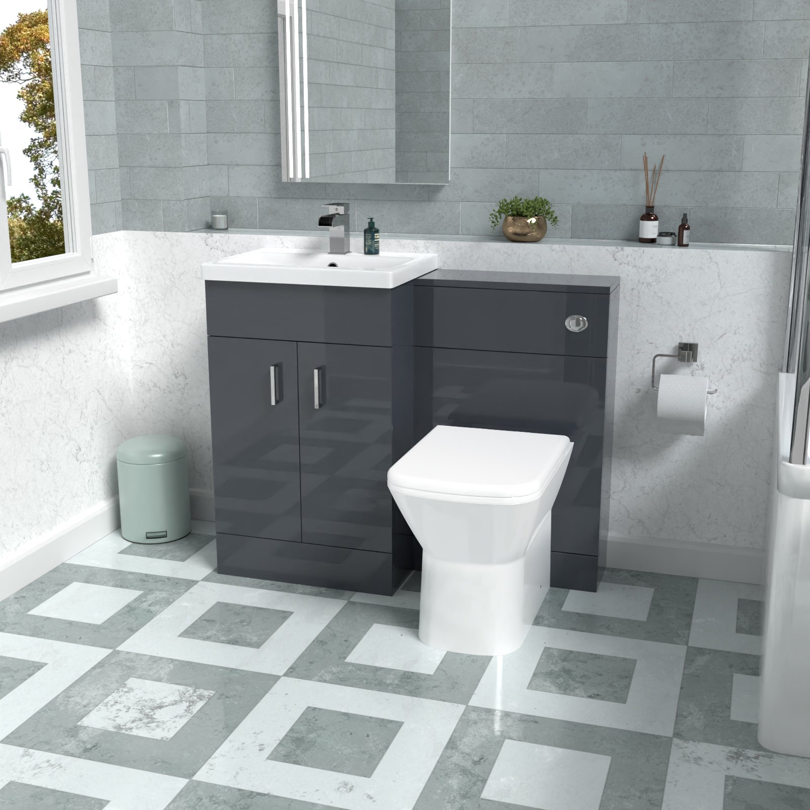 Nanuya 1010mm Dark Grey Vanity Basin Cabinet, WC Unit & Rimless Back To Wall Toilet