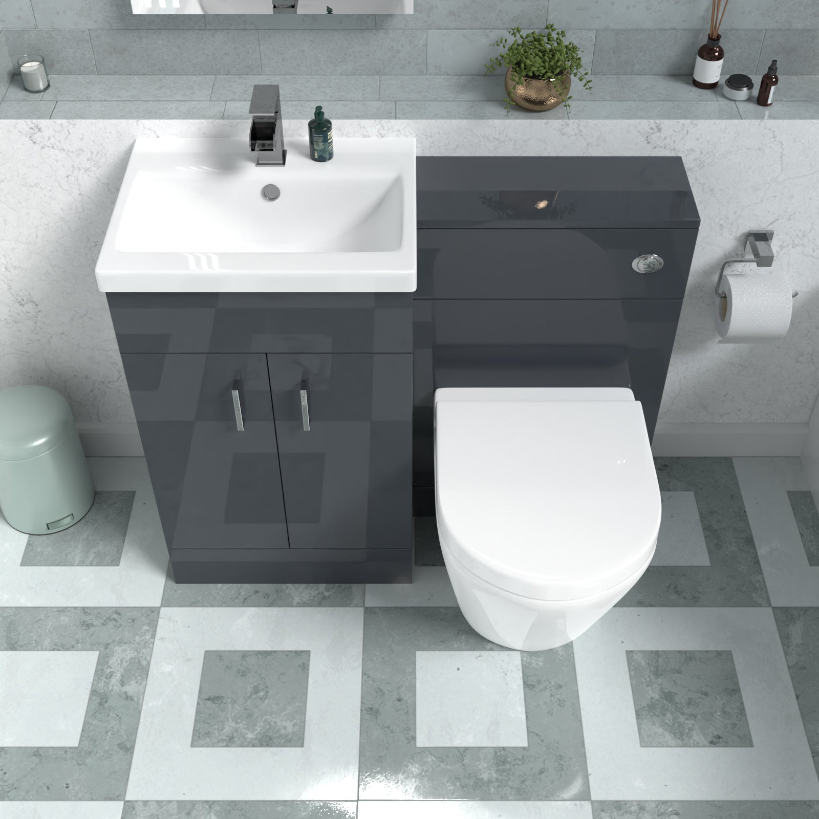 Nanuya 1010mm Basin Vanity Cabinet, WC Unit Dark Grey & Rimless Back To Wall Toilet