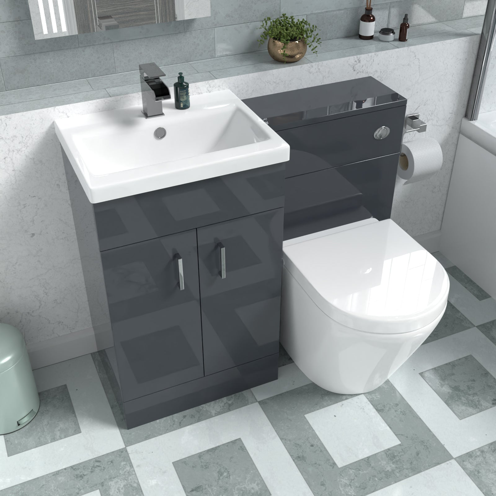 Nanuya 1010mm Basin Vanity Cabinet, WC Unit Dark Grey & Rimless Back To Wall Toilet