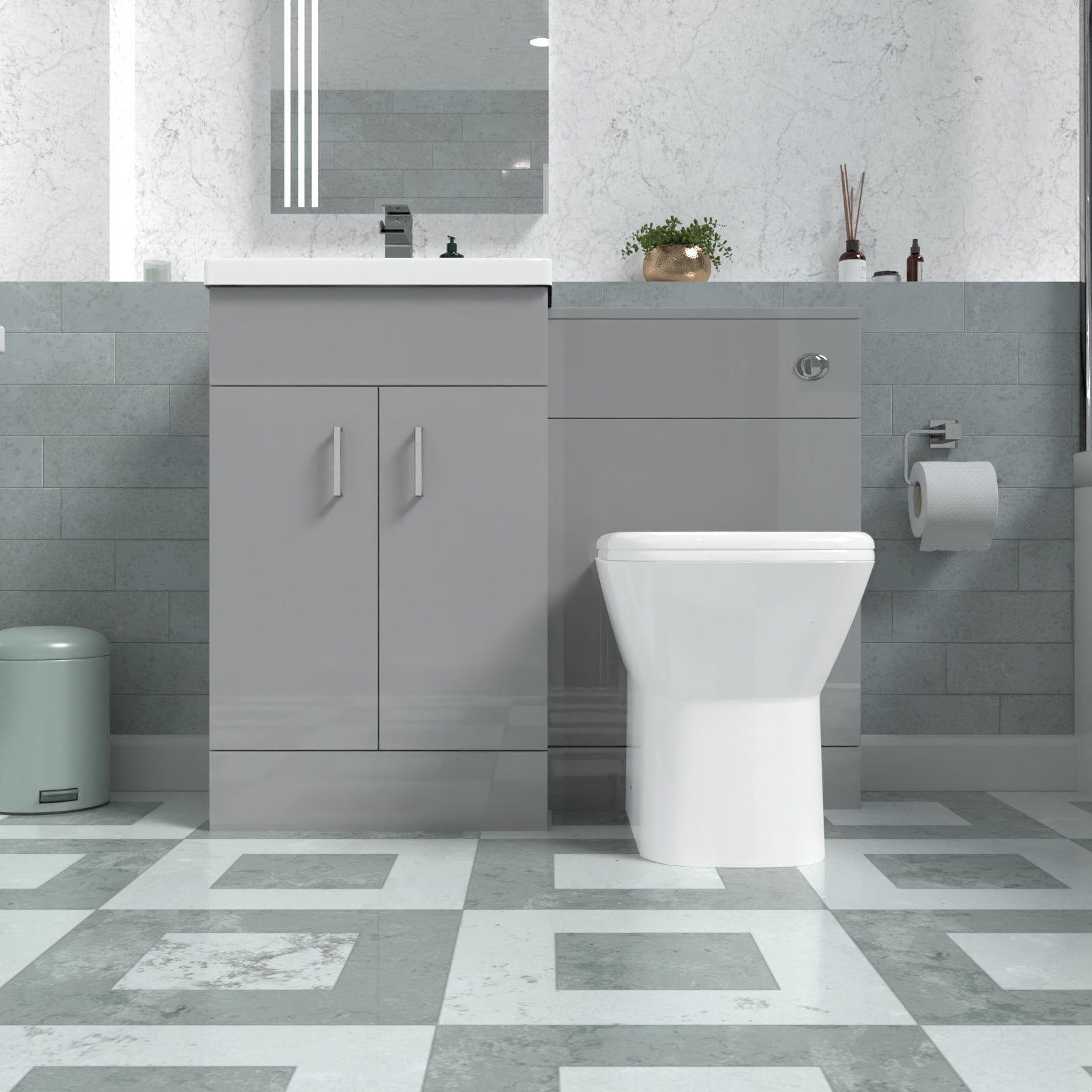 Nanuya 1000mm Grey Vanity Basin Cabinet, WC Unit & Rimless Back To Wall Toilet