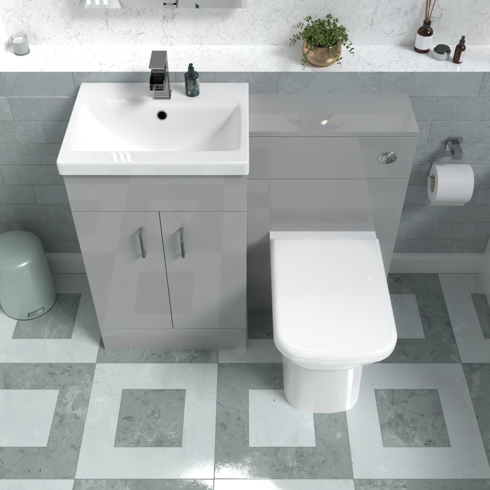 Nanuya 1000mm Grey Vanity Basin Cabinet, WC Unit & Rimless Back To Wall Toilet