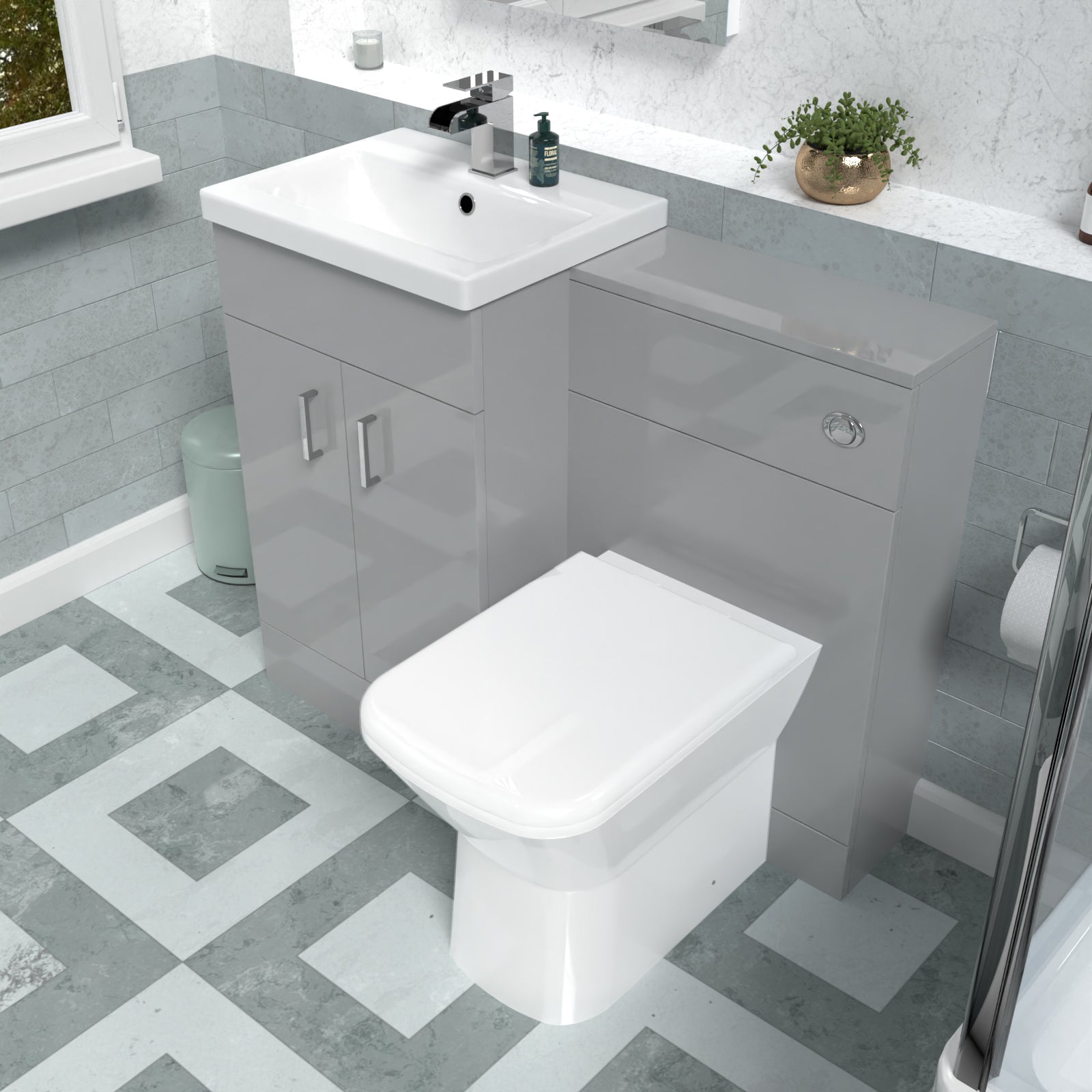 Nanuya 1000mm Grey Vanity Basin Cabinet, WC Unit & Rimless Back To Wall Toilet