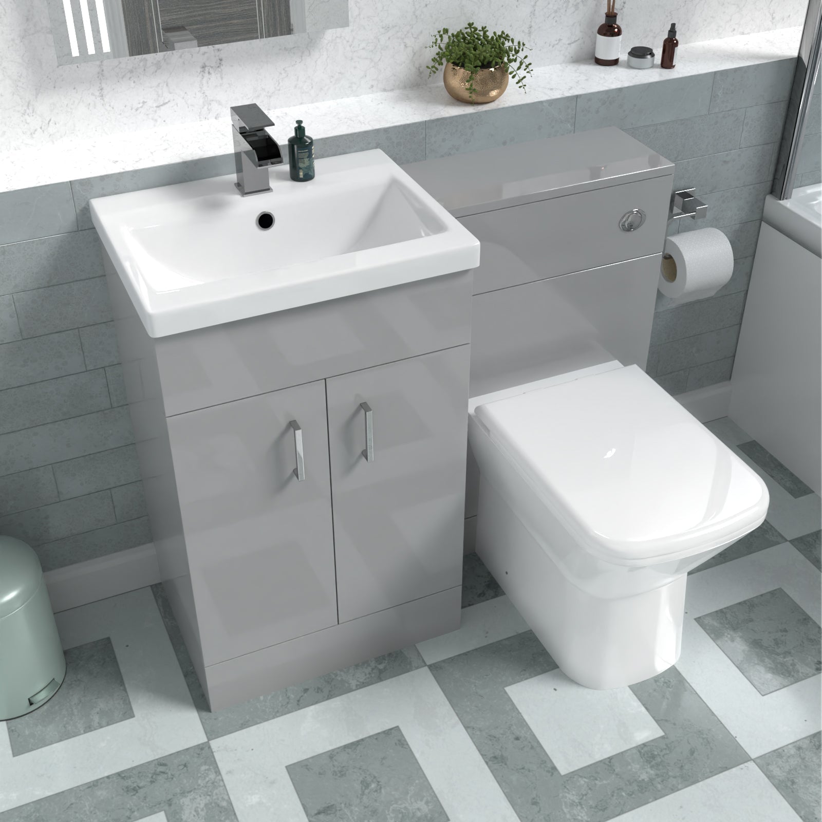 Nanuya 1000mm Grey Vanity Basin Cabinet, WC Unit & Rimless Back To Wall Toilet