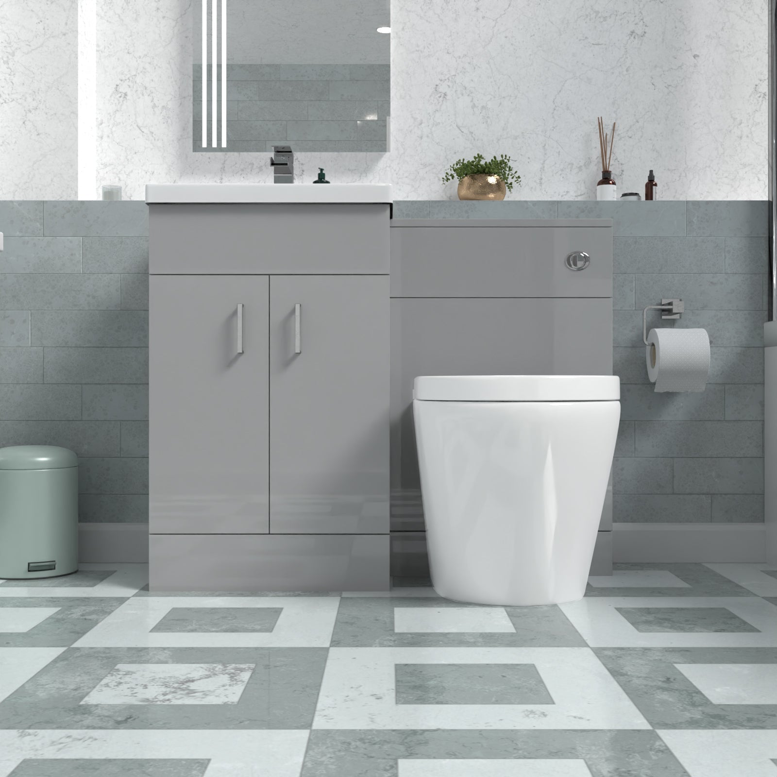 Nanuya 1000mm Basin Vanity Cabinet, WC Unit Grey & Rimless Back To Wall Toilet