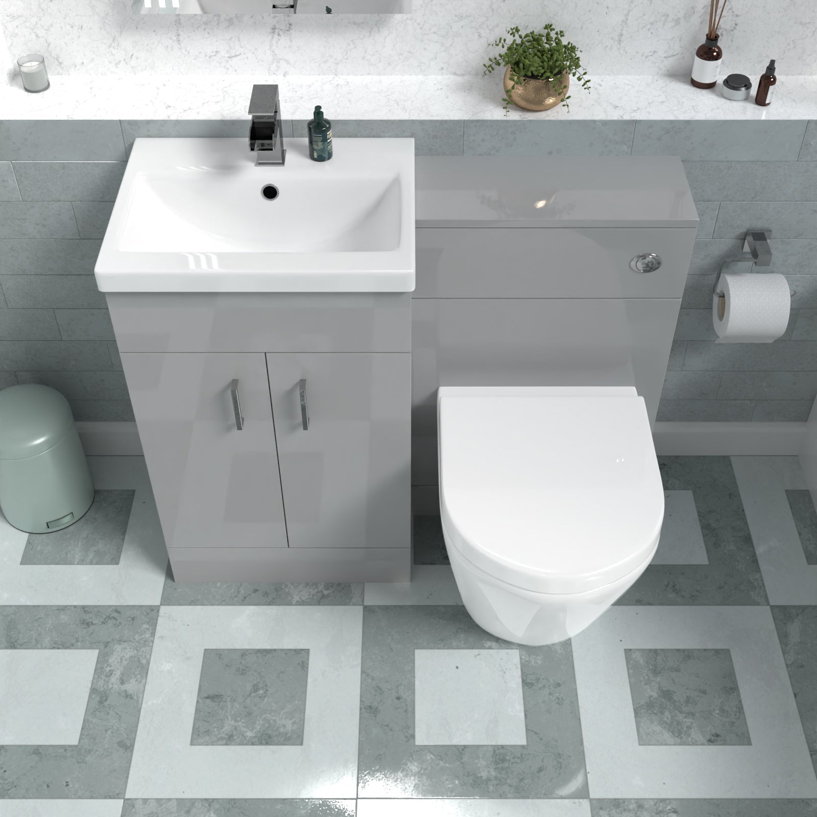 Nanuya 1000mm Basin Vanity Cabinet, WC Unit Grey & Rimless Back To Wall Toilet