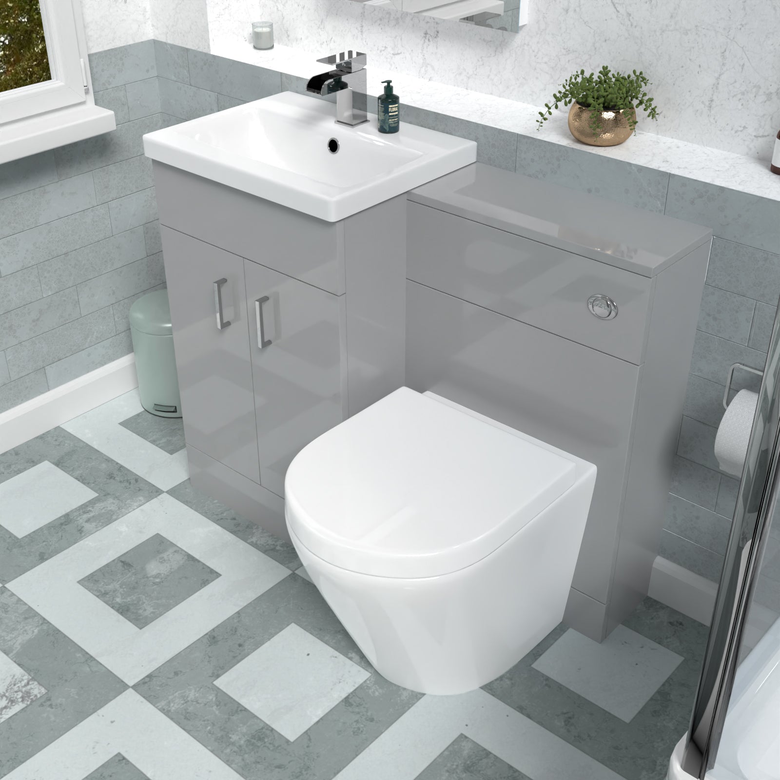 Nanuya 1000mm Basin Vanity Cabinet, WC Unit Grey & Rimless Back To Wall Toilet