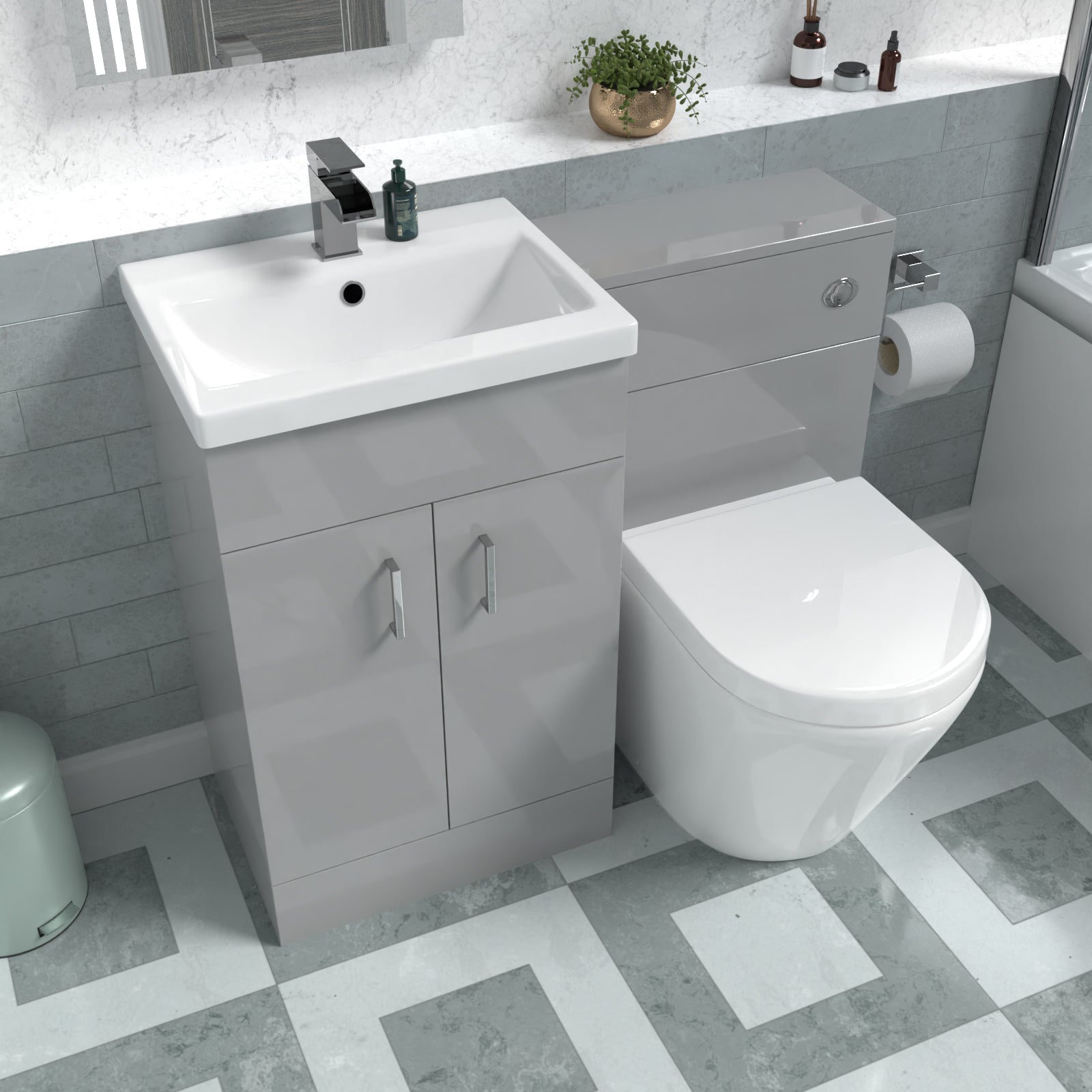 Nanuya 1000mm Basin Vanity Cabinet, WC Unit Grey & Rimless Back To Wall Toilet