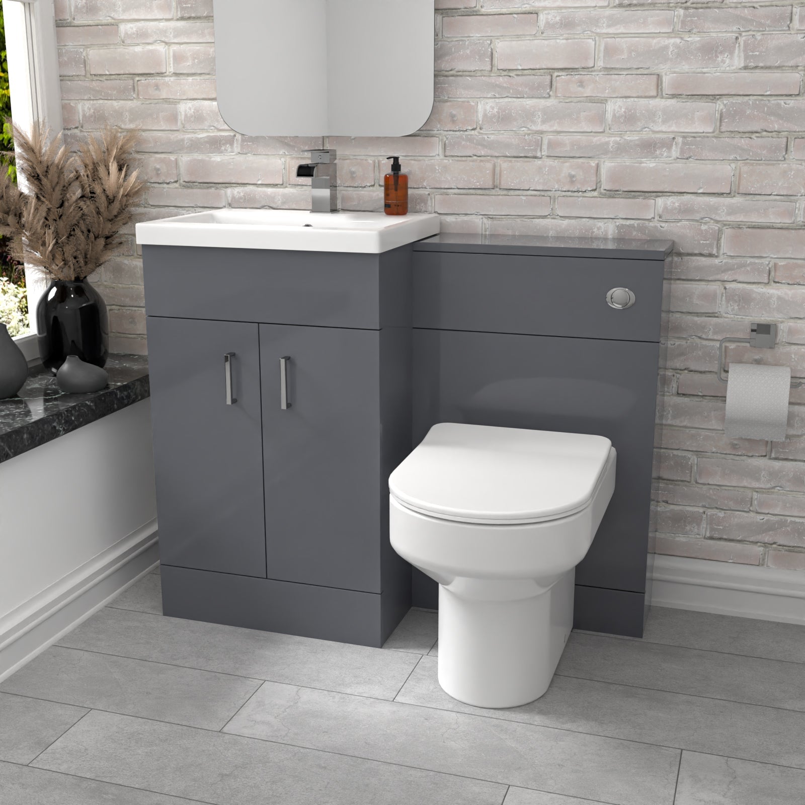 Nanuya 1000mm Grey Vanity Basin Cabinet, WC Unit & Comfort Back To Wall Toilet