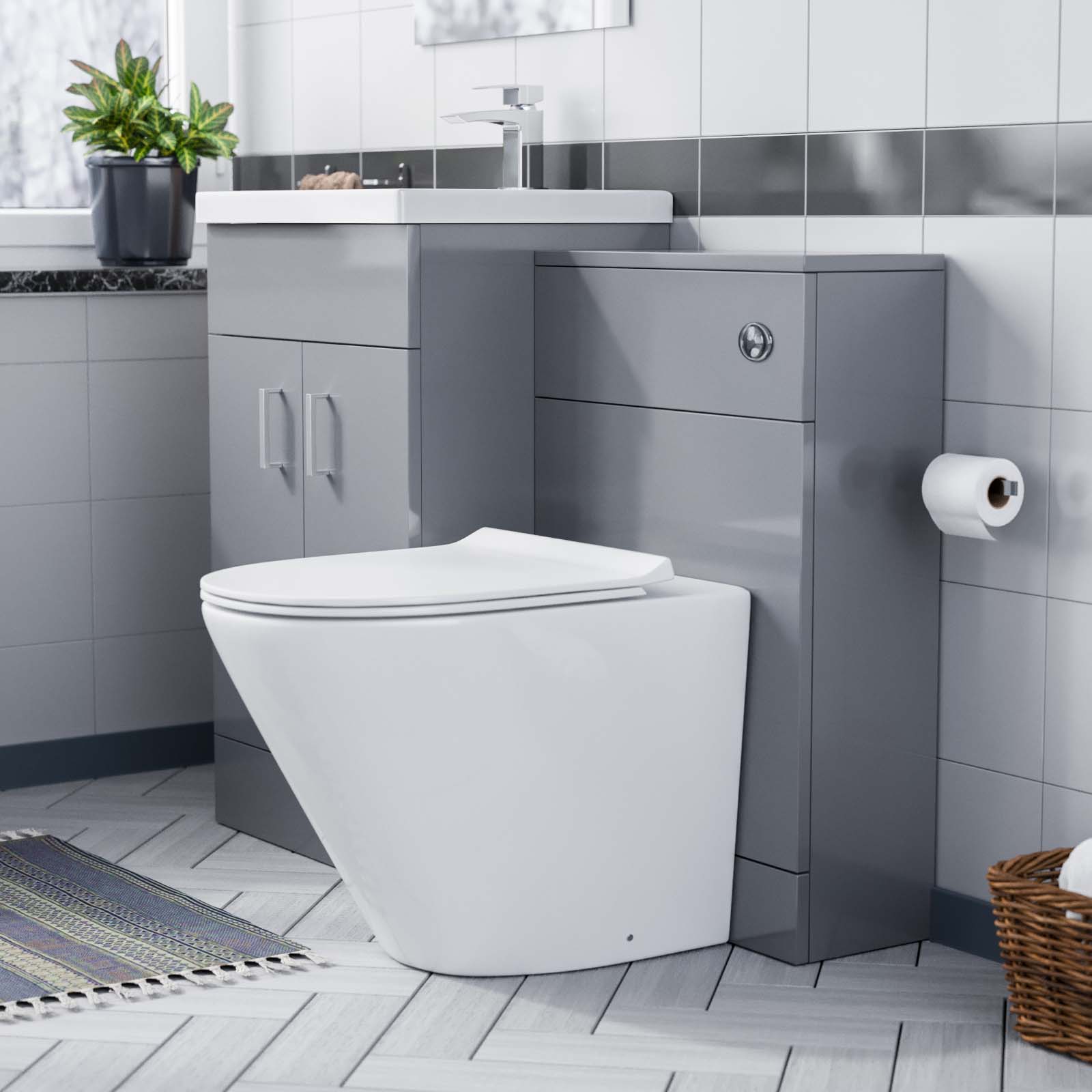 500mm Light Grey Wall Hung Vanity Basin Unit & Round Rimless Toilet Pan Nanuya