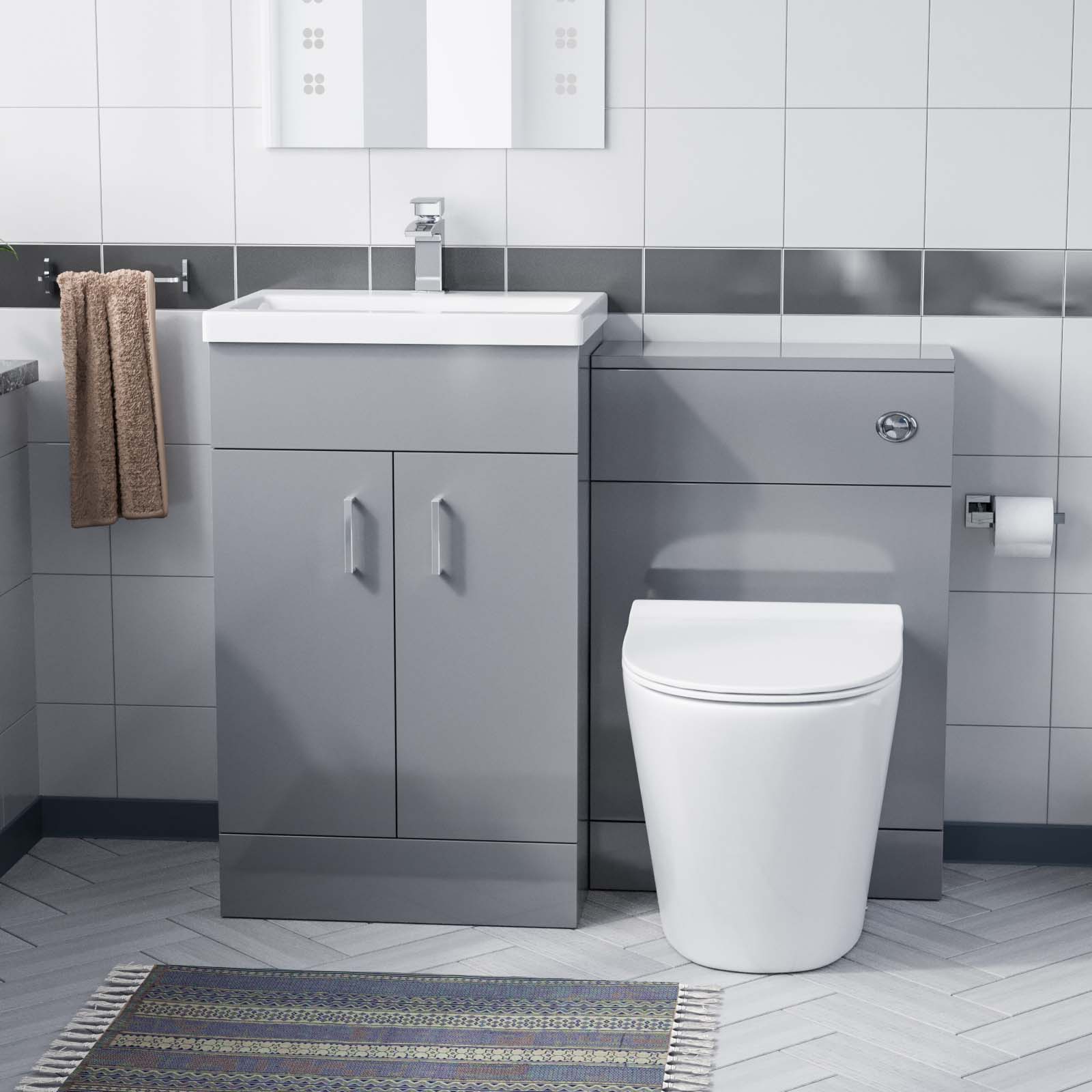 500mm Light Grey Wall Hung Vanity Basin Unit & Round Rimless Toilet Pan Nanuya