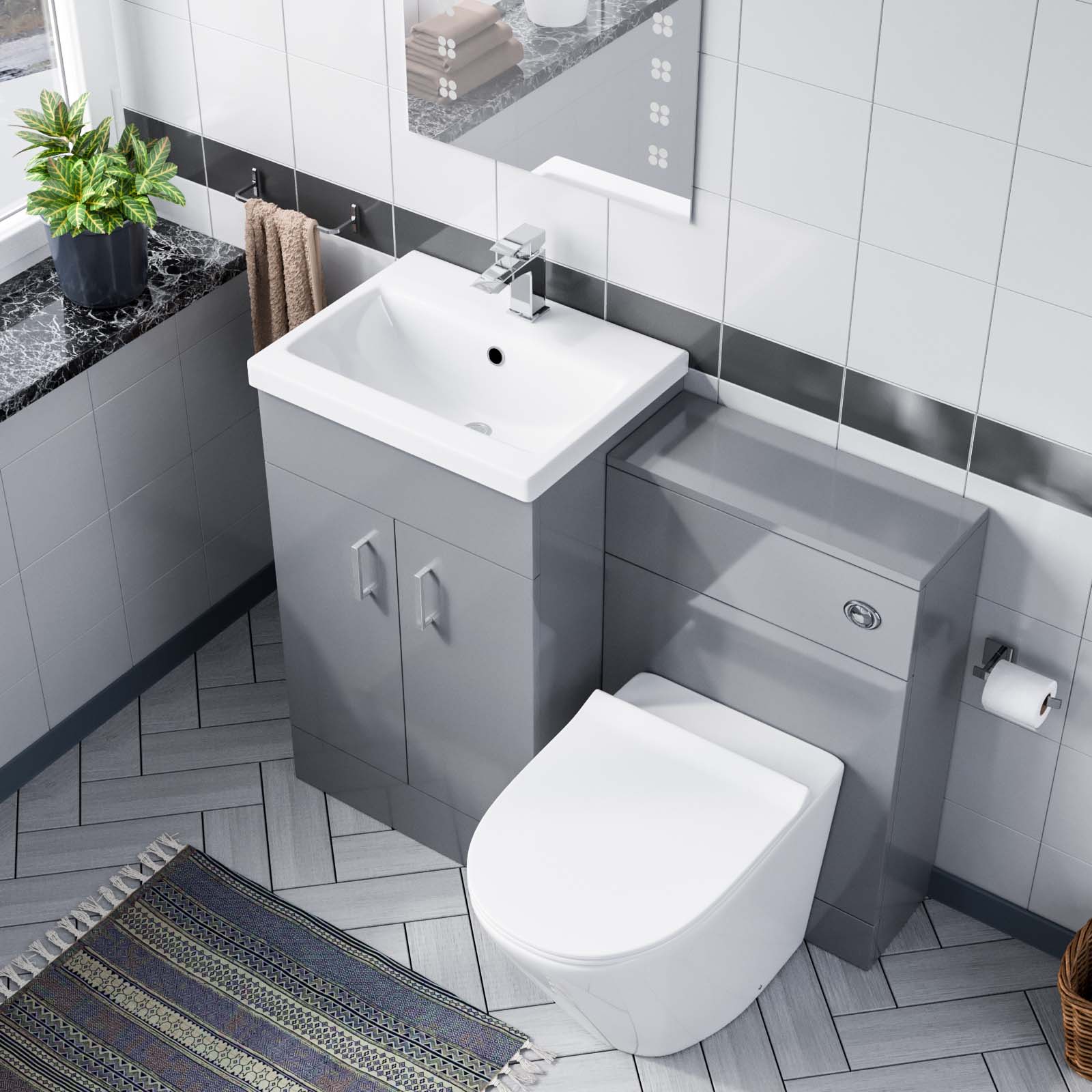 500mm Light Grey Wall Hung Vanity Basin Unit & Round Rimless Toilet Pan Nanuya