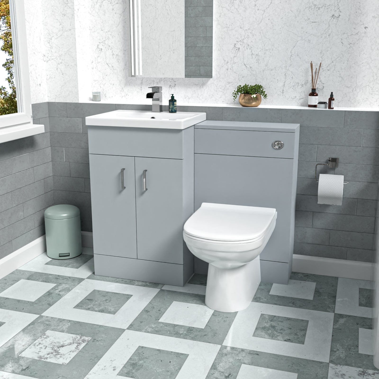 Nanuya Matte Grey Basin Vanity Cabinet WC Unit & Rimless Back To Wall Toilet