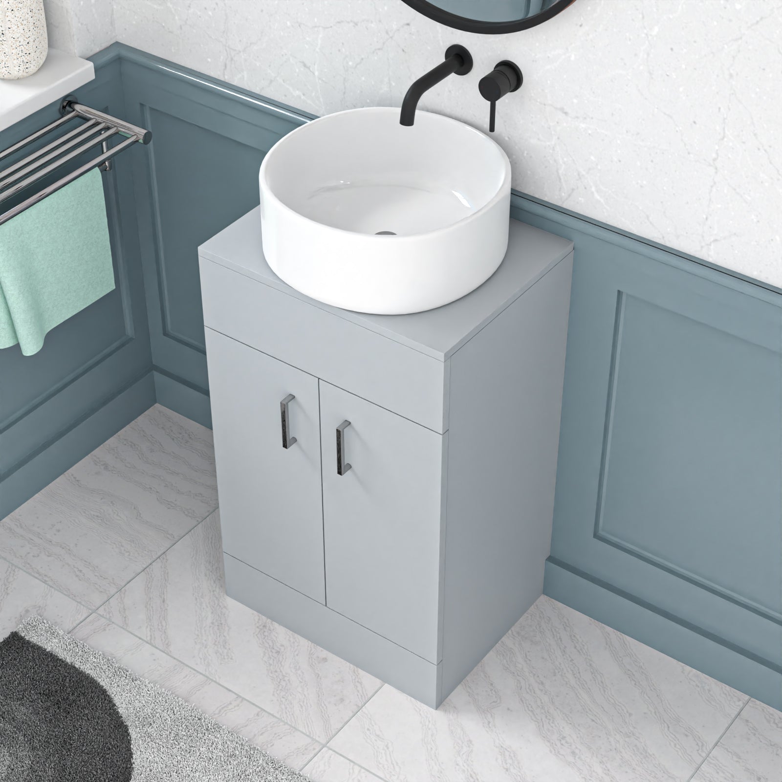 Nanuya 500mm Matte Grey Freestanding Doors Vanity & Worktop With Round Basin