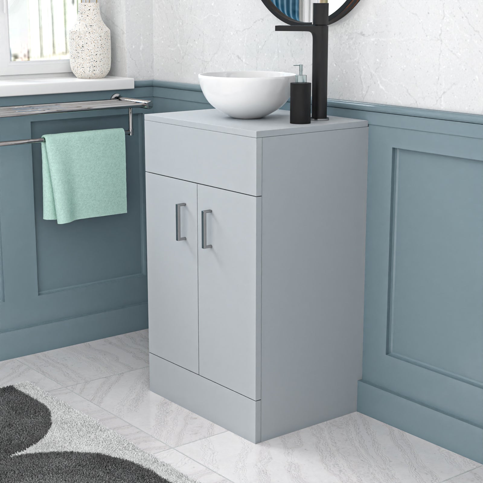 Nanuya Matte Grey 500mm Bathroom Doors Vanity Unit Round Ceramic Basin