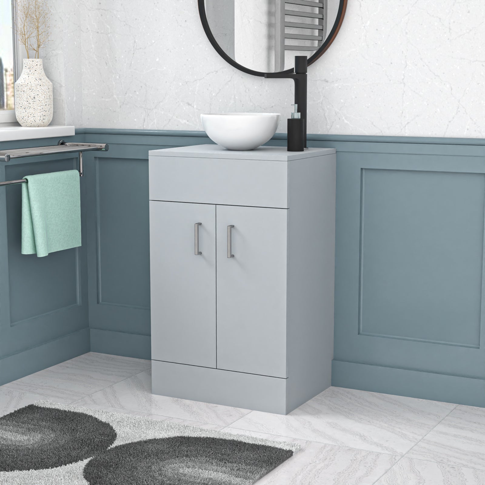 Nanuya Matte Grey 500mm Bathroom Doors Vanity Unit Round Ceramic Basin