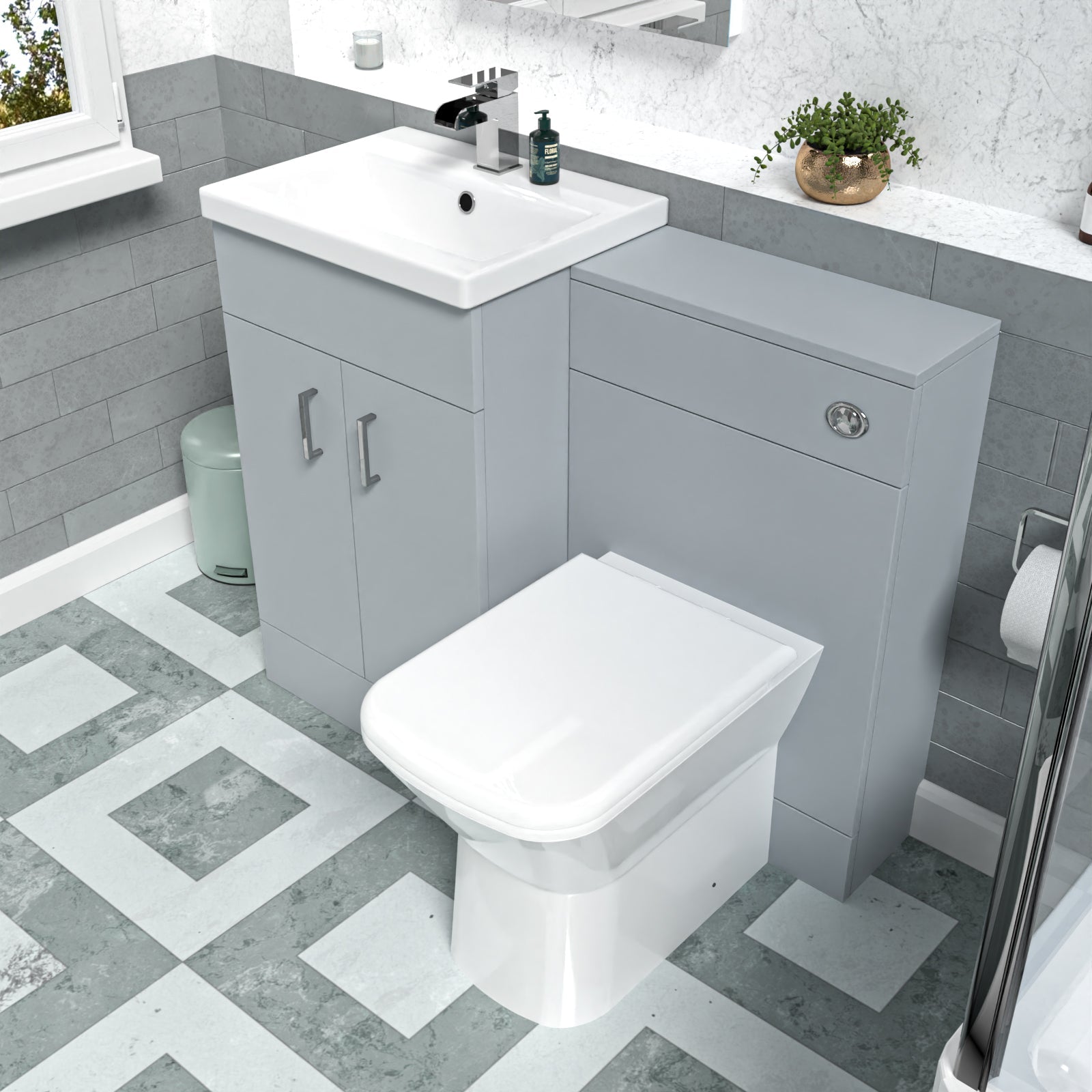 Nanuya Matte Grey Vanity Basin Cabinet WC Unit & Rimless Back To Wall Toilet
