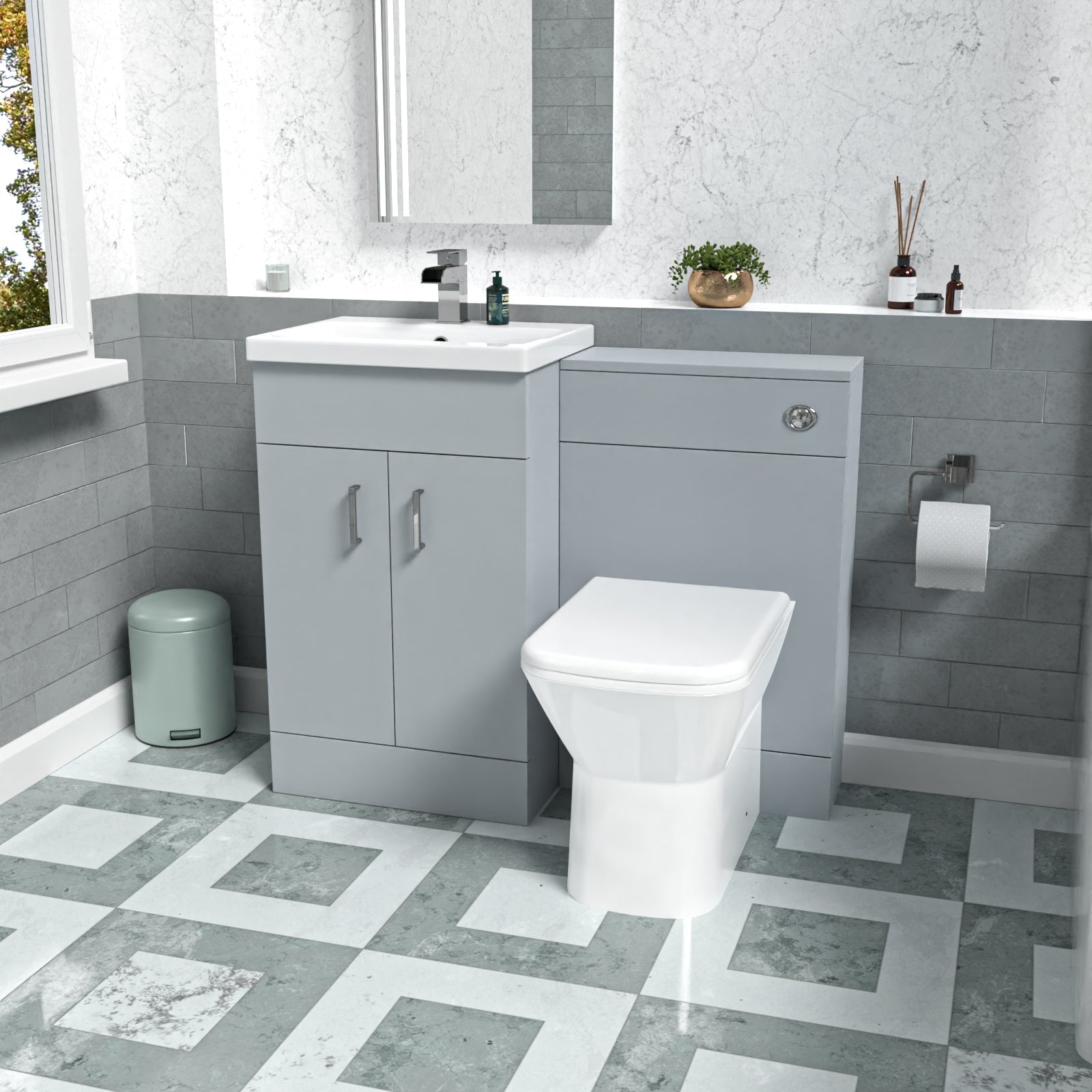 Nanuya Matte Grey Vanity Basin Cabinet WC Unit & Rimless Back To Wall Toilet