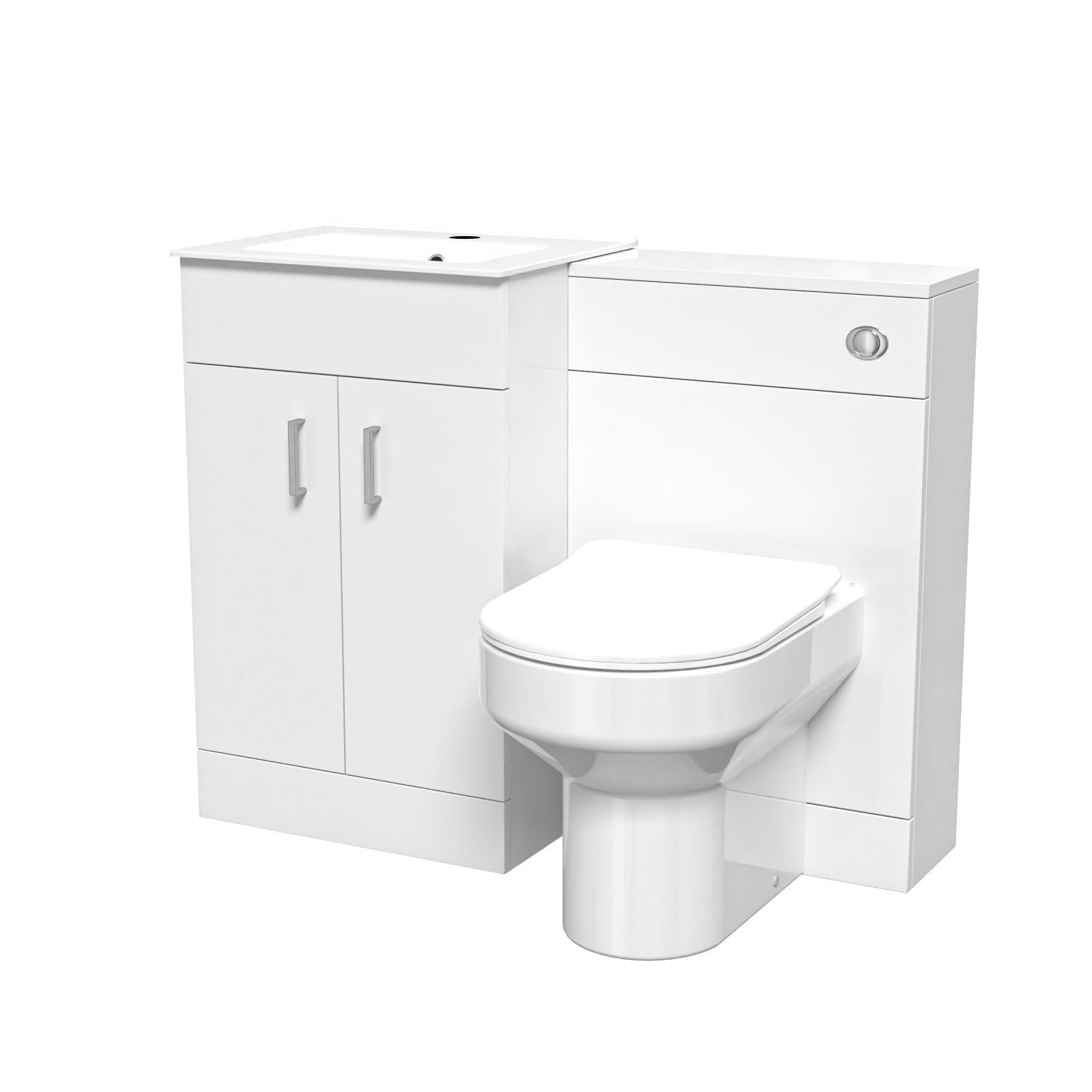 White bathroom vanity unit with toilet on a white background