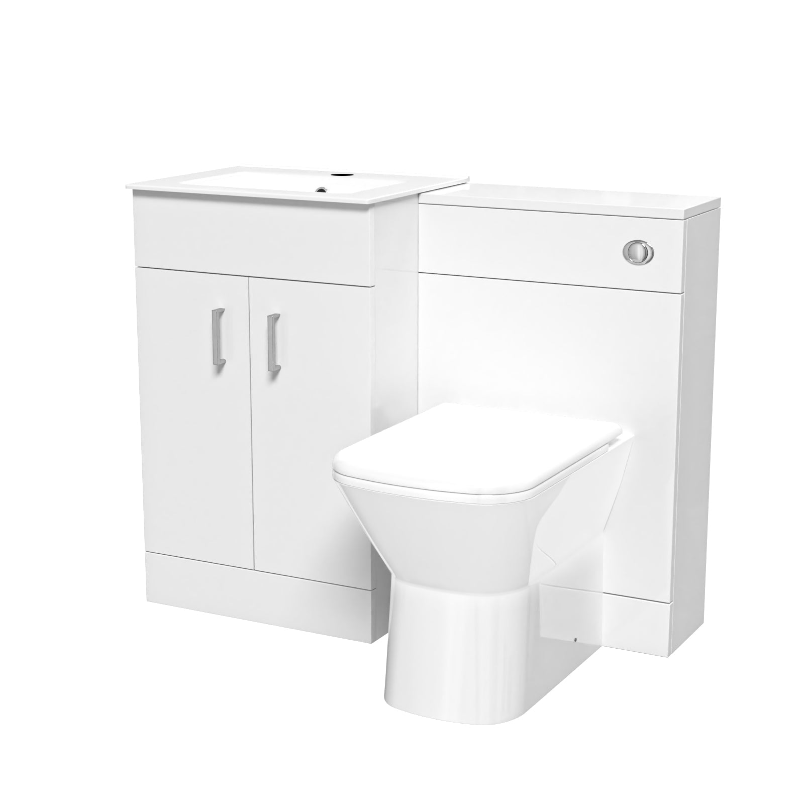 White bathroom vanity unit with toilet on a white background