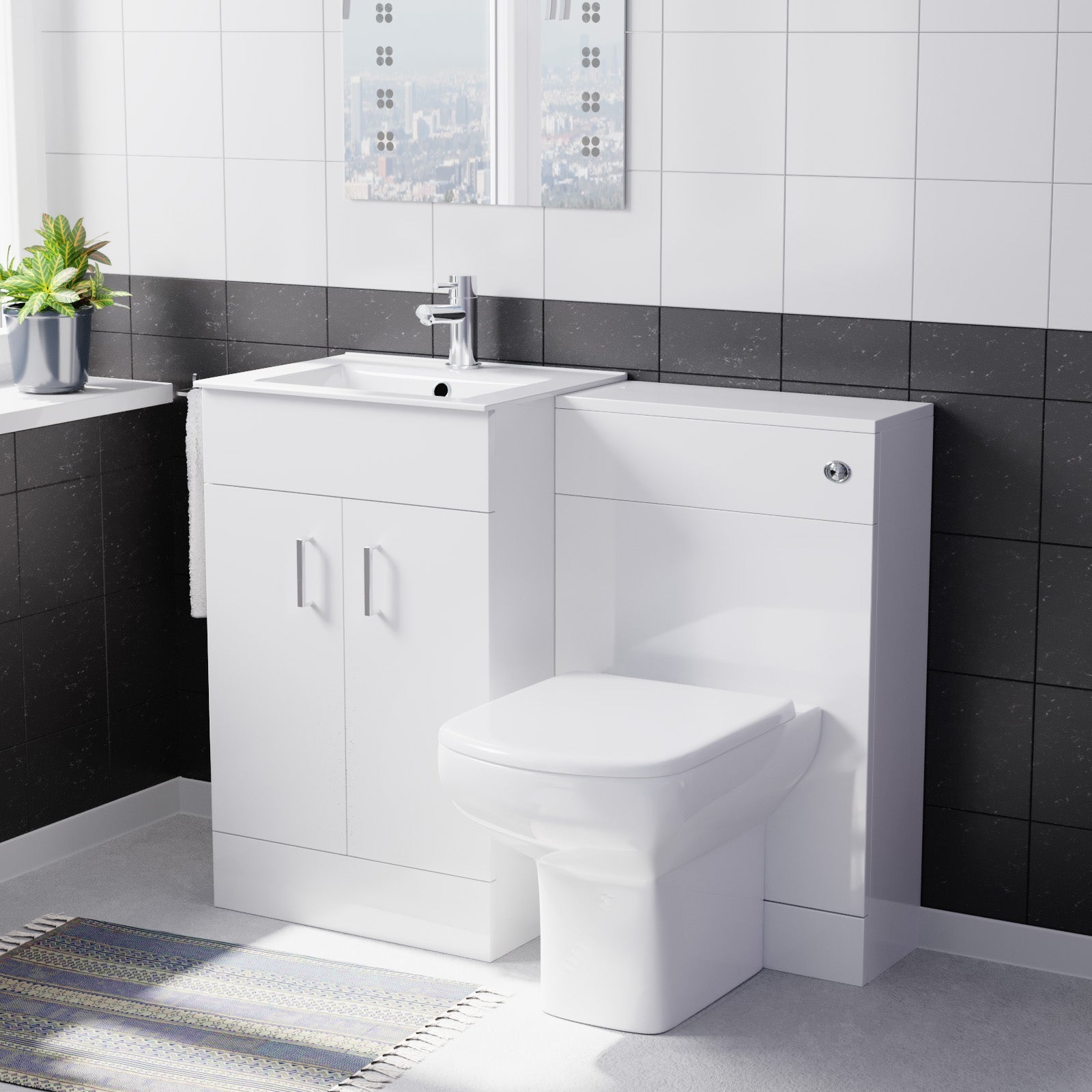 Nanuya White 1000mm Slim Basin Vanity, WC Unit & Rimless BTW Toilet