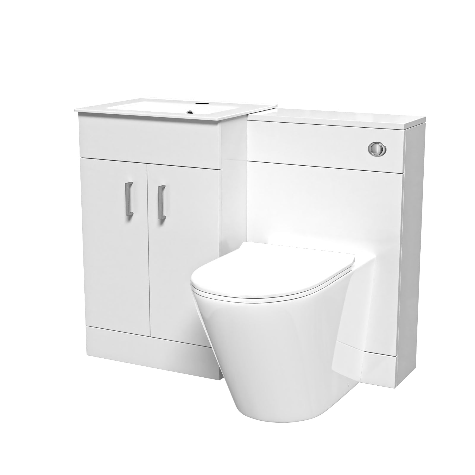 White bathroom vanity unit with toilet on a white background