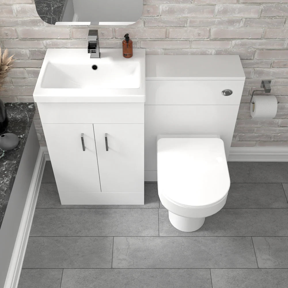 Nanuya White Vanity Basin Cabinet, WC Unit & Comfort Back To Wall Toilet